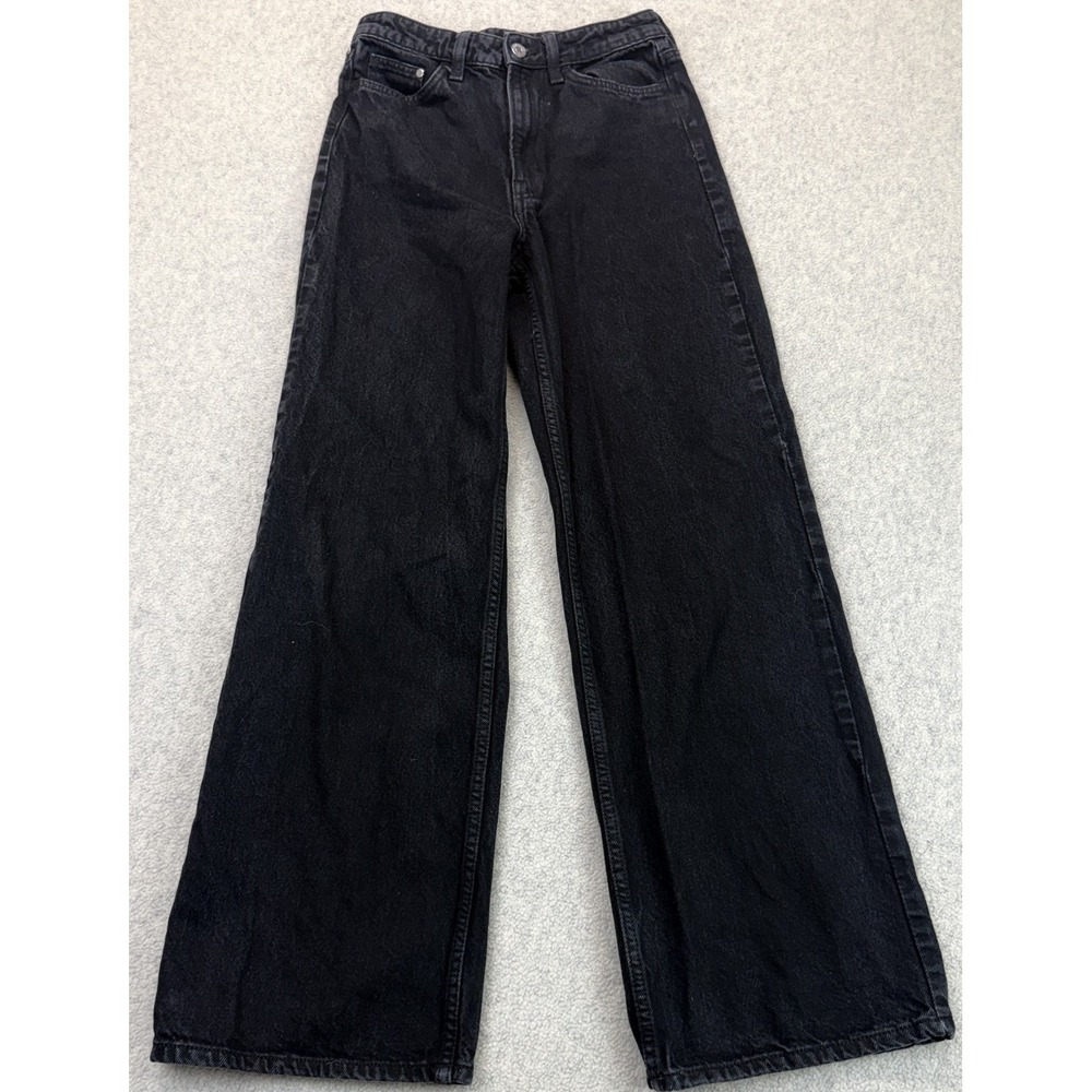 & Denim Womens Wide Leg Jeans Black Denim Ultra High Rise Regular Fit Grunge 4